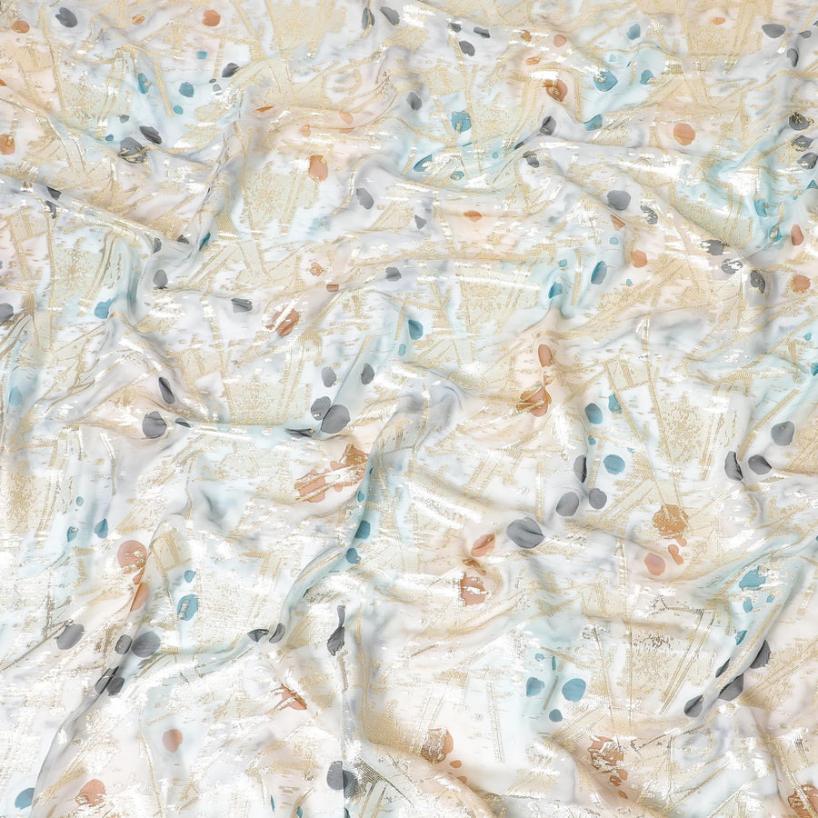 قماش شيفون حريري خالص مطبوع يدويًا متعدد الألوان مع لوركس معدني ذهبي بتصميم زهور-D9415