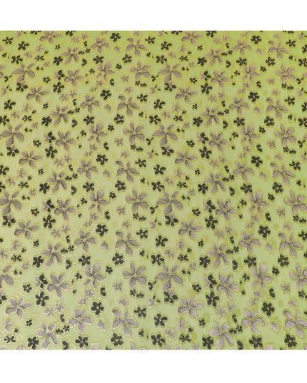 Lime green Premium pure changent silk chiffon fabric with pale brown, black viscose having gold metallic lurex in floral design-D14646