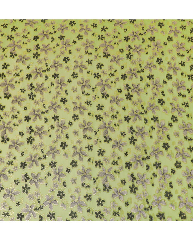 Lime green Premium pure changent silk chiffon fabric with pale brown, black viscose having gold metallic lurex in floral design-D14646