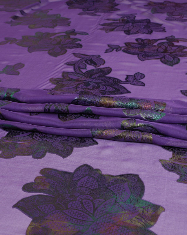 Purple silk chiffon fabric with multicolor metallic lurex in floral design-D8793