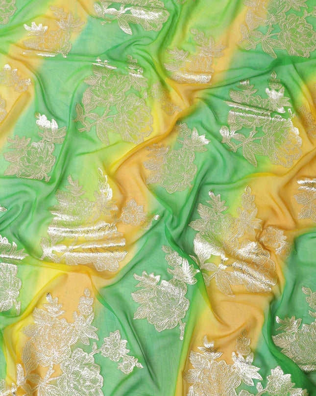قماش شيفون حريري نقي فاخر باللون الأخضر الليموني مع طباعة يدوية متعددة الألوان مع لوريكس معدني ذهبي بتصميم فاخر-D10414