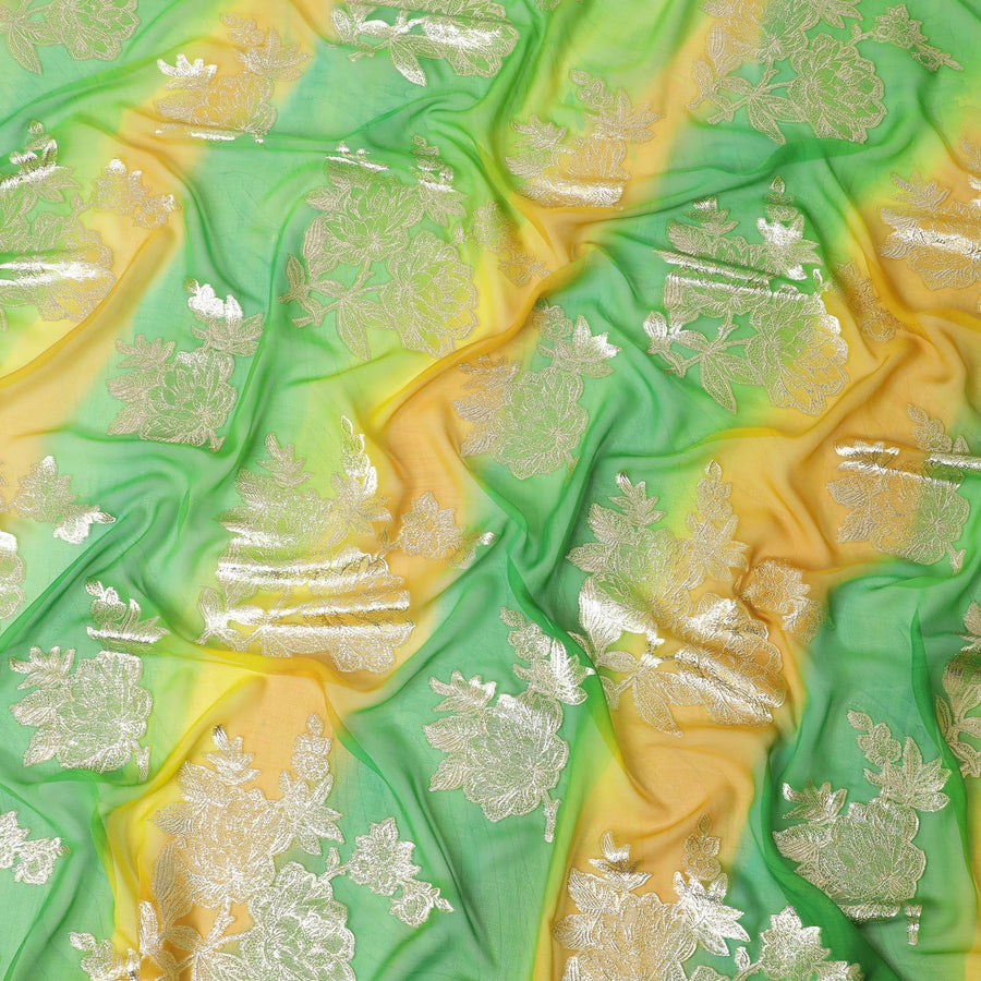 قماش شيفون حريري نقي فاخر باللون الأخضر الليموني مع طباعة يدوية متعددة الألوان مع لوريكس معدني ذهبي بتصميم فاخر-D10414