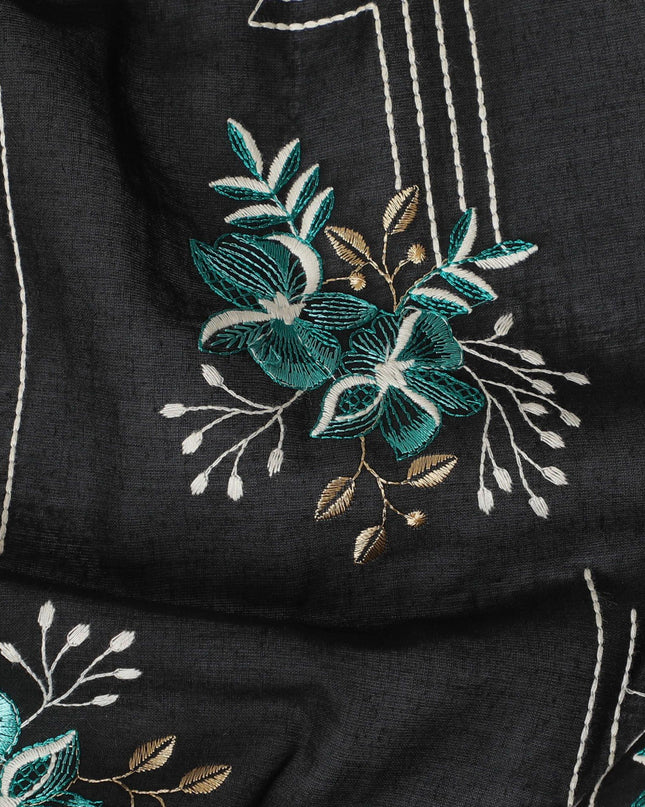 Black premium pure cotton voile fabric with multicolor embroidery in floral design-D13611