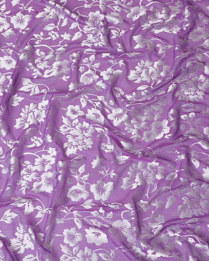 قماش شيفون من الحرير الخالص باللون الأرجواني مع جاكار فضي بتصميم زهور -D15323