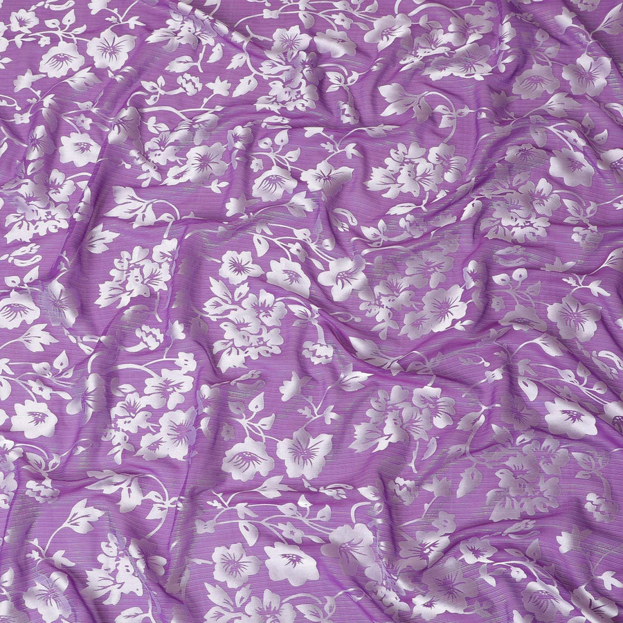 Purple Premim pure silk chiffon fabric with silver jacquard in floral design-D15323