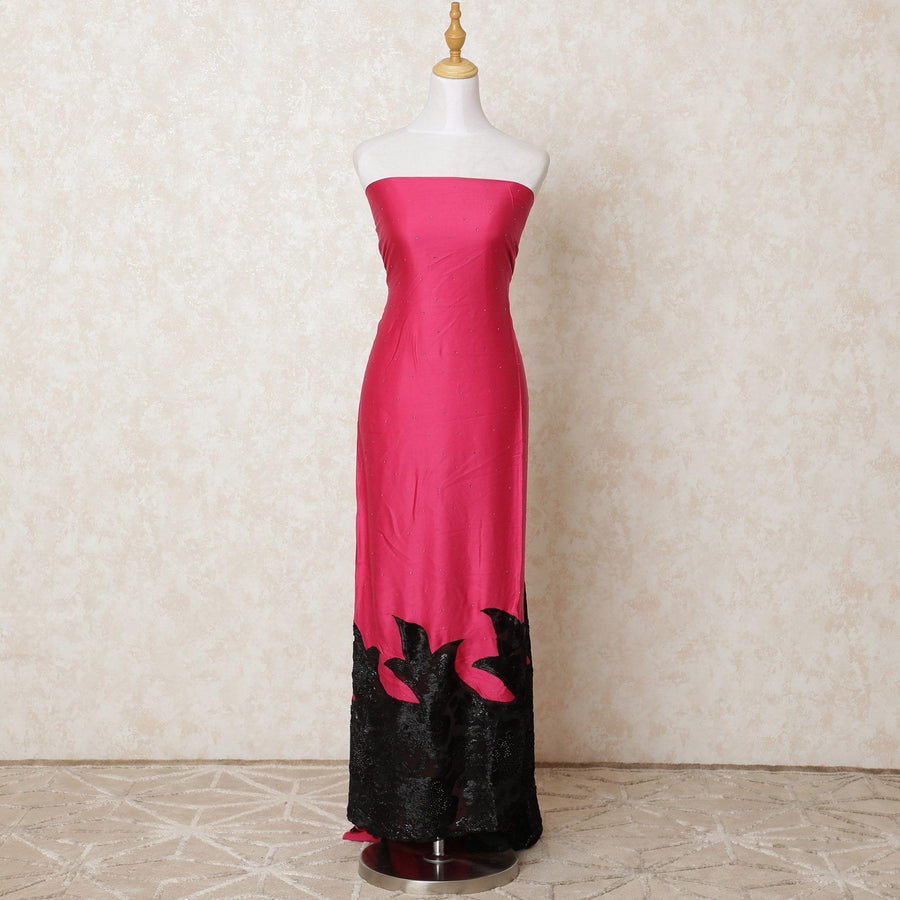 Magenta pink blended cotton fabric with black chiffon having burnout velvet and same tone stone work in fancy design-D12143