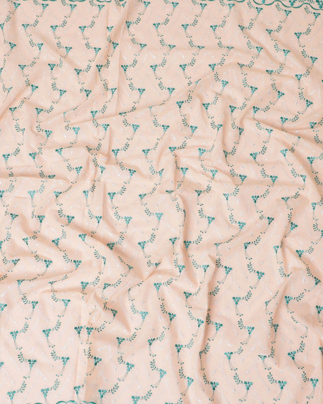Light peach Premium 100% Swiss cotton voile (Sudanese Thobe) fabric with teal green and silver embrodiery in floral design-D13519