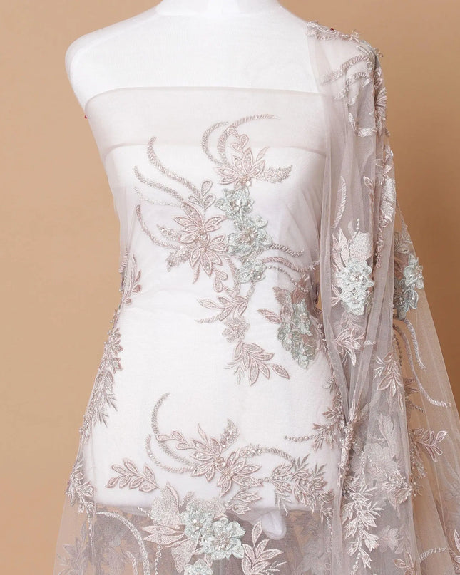 Onion pink Premium wedding nylon tulle fabric with same tone embroidery, beads,  pearls, beads, sequins and powder blue  applique work in floral design-D7912 Regal Fabrics