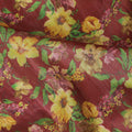 Marron tussar silk fabric with parrot green, light mustard, mint green and ruby pink print in floral design-D6141
