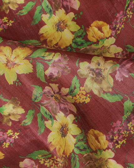 Marron tussar silk fabric with parrot green, light mustard, mint green and ruby pink print in floral design-D6141