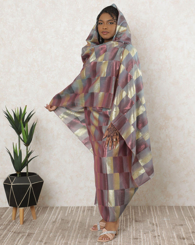 ثوب شيفون من الحرير الخالص باللون الرمادي السحابي مع لوريكس معدني ذهبي وزهري وردي في تصميم المربعات-D11659