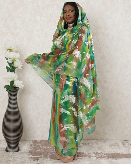 Multicolor Premium pure silk chiffon thobe with gold metallic lurex in floral design-D14348 Regal Fabrics