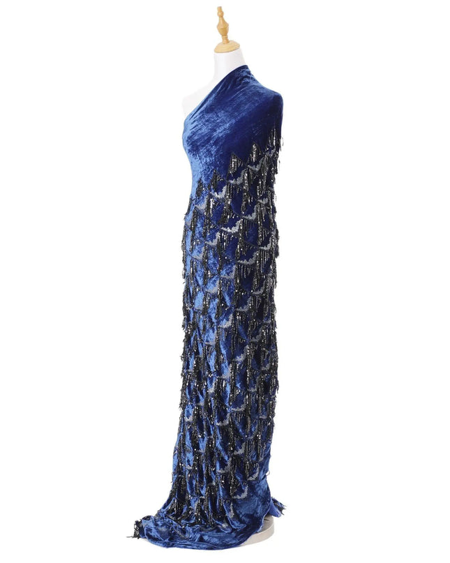 Royal blue silk blended velvet fabric with black embroidery having black and silver sequins in fancy design-D6085 Regal Fabrics