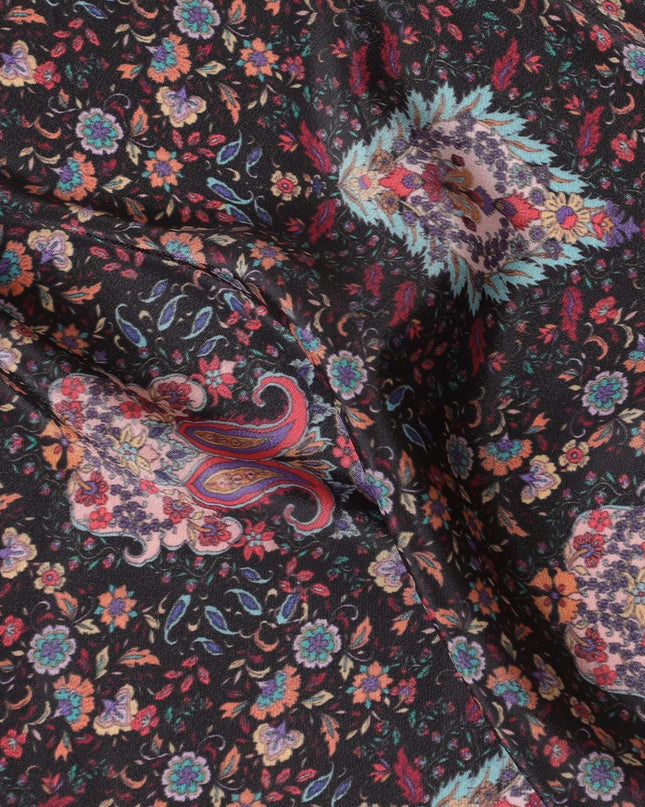 Black synthetic crepe fabric with multicolor print in floral design-D15027