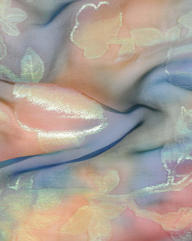 قماش شيفون حريري نقي فاخر متعدد الألوان مع لوريكس معدني أخضر نيون بتصميم زهور - D9676