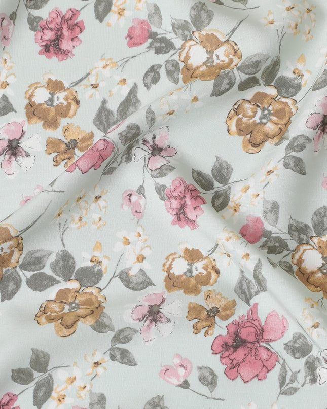 Tea green sustainable Tencel rayon fabric with sandy brown, olive green, off white and taffy pink print in floral design-D10651
