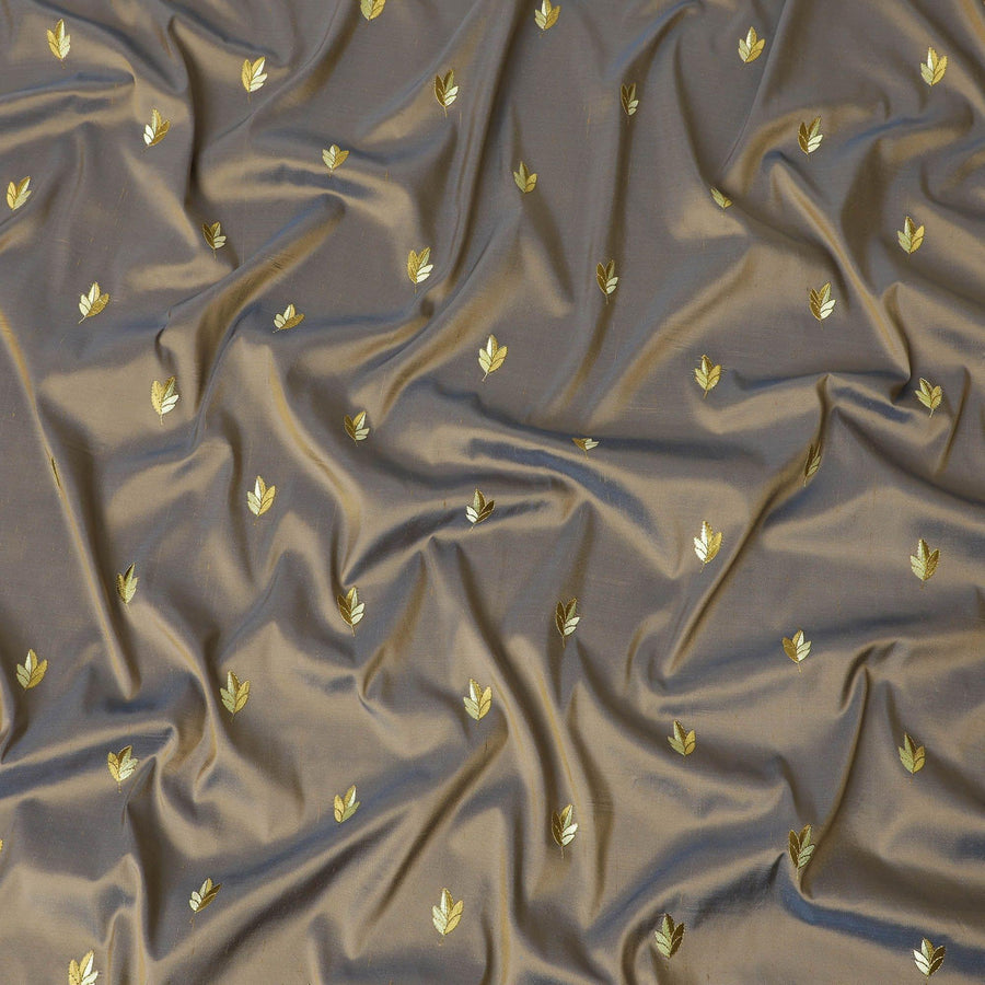 قماش حرير خام ذهبي مزرق بلونين مع تطريز ذهبي بتصميم زهور-11219