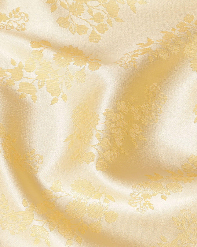 Gold Premium pure silk satin fabric with same tone film metallic jacquard in floral design-D14628