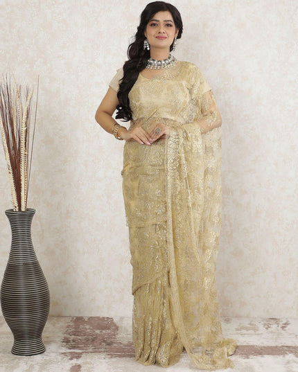 Gold Premium pure metallic French chantilly saree lace having stone work in floral design-D13516 Regal Fabrics