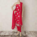 Ruby pink silk kameez with gold gota work embroidery and stone work in floral design. Ruby pink plain salwar having same tone chiffon dupatta with gold embroidery and stone work-D12688 Regal Fabrics