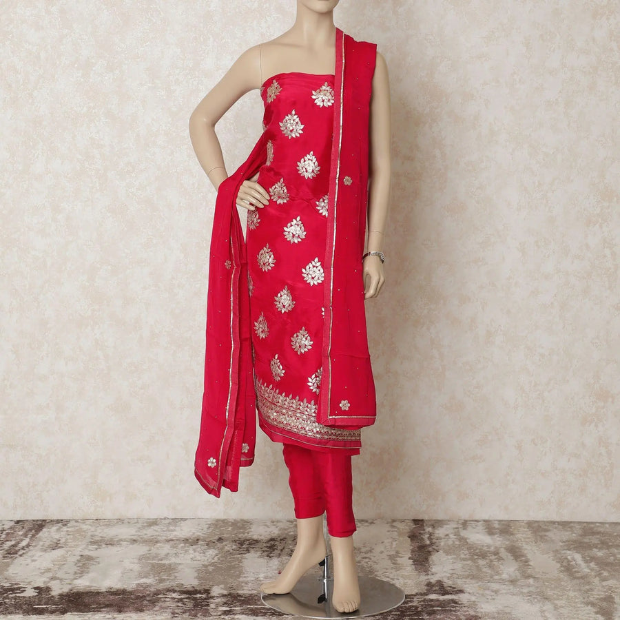 Ruby pink silk kameez with gold gota work embroidery and stone work in floral design. Ruby pink plain salwar having same tone chiffon dupatta with gold embroidery and stone work-D12688 Regal Fabrics