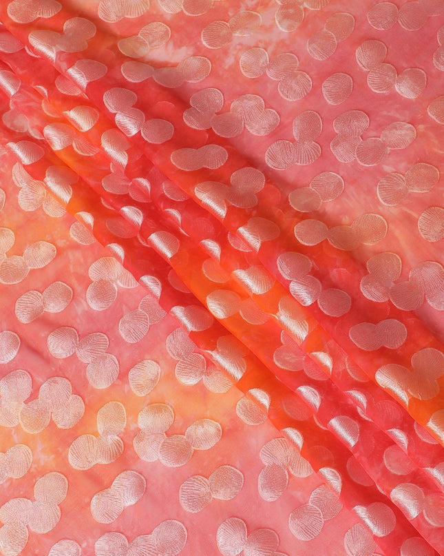 قماش شيفون حرير خالص برتقالي فاخر مع طباعة متعددة الألوان بها فيسكوز فضي بتصميم منقط-D13117