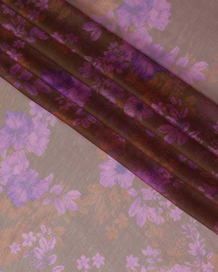 Brown, olive green two tone premium pure silk chiffon fabric with same tone, purple print in floral design-D10636