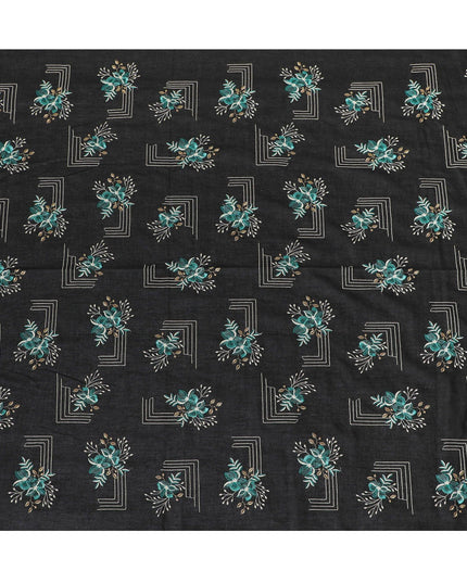 Black premium pure cotton voile fabric with multicolor embroidery in floral design-D13611