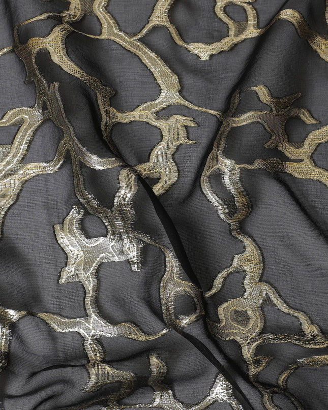 Black Premium pure silk chiffon fabric with gold metallic lurex in abstract design-D13190