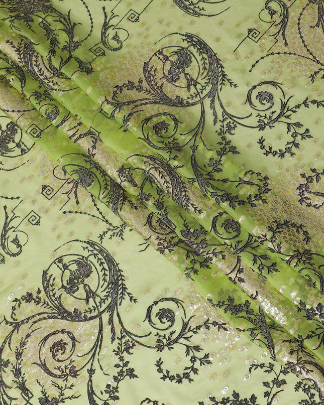 Lime green premium pure silk chiffon fabric with black flock having glitter and gold metallic lurex in floral design-D13717