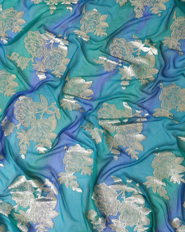 قماش شيفون من الحرير الخالص باللون الأزرق المحيطي مع طباعة يدوية متعددة الألوان مع لوريكس معدني ذهبي بتصميم فاخر-D10415
