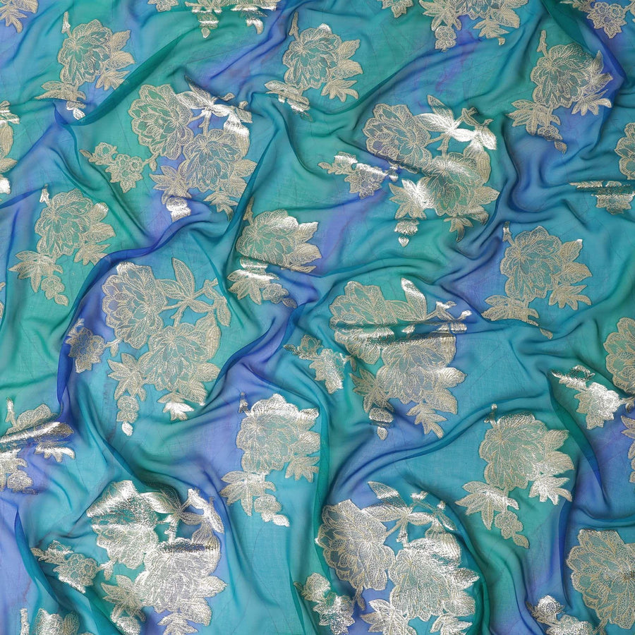 قماش شيفون من الحرير الخالص باللون الأزرق المحيطي مع طباعة يدوية متعددة الألوان مع لوريكس معدني ذهبي بتصميم فاخر-D10415
