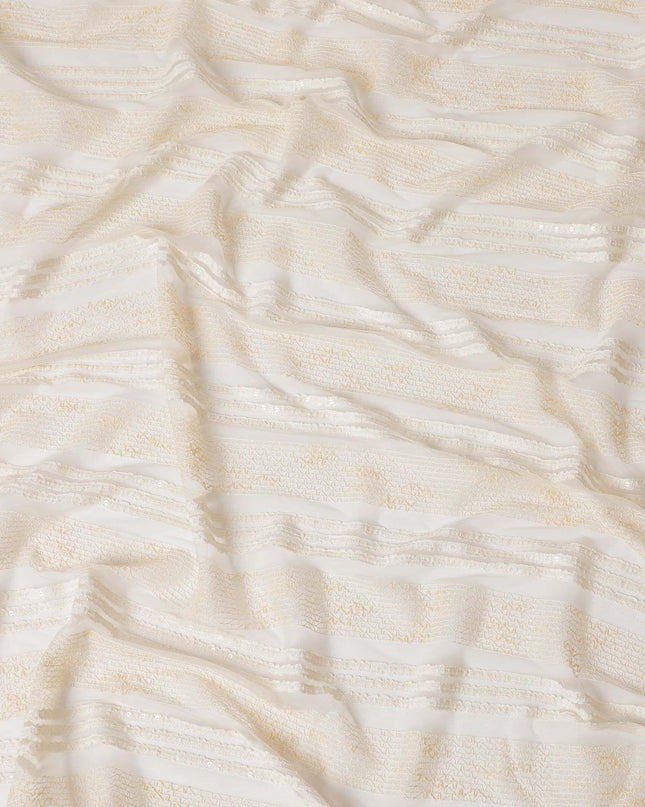 Light gold nylon tulle fabric with same tone embroidery and sequins in stripe design-D6667