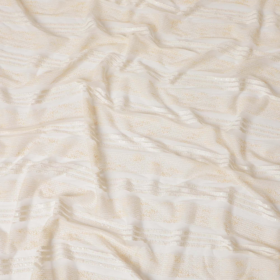 Light gold nylon tulle fabric with same tone embroidery and sequins in stripe design-D6667