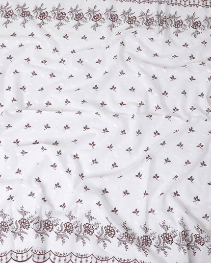 White Premium Swiss cotton voile thobe with same tone, maroon and black embroidery in floral design having stone work-D11629