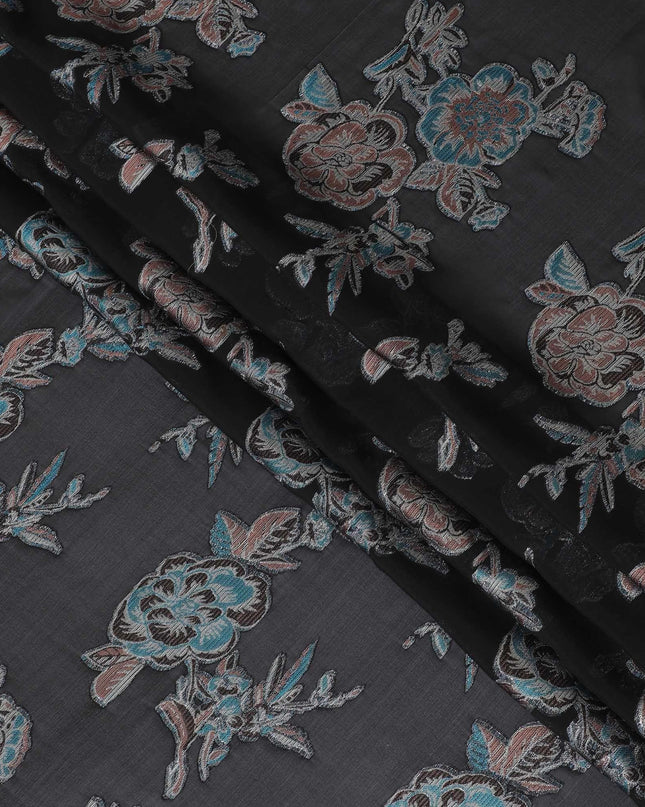 Black premium pure silk chiffon fabric with silver, baby blue and copper metallic lurex in floral design-D11501