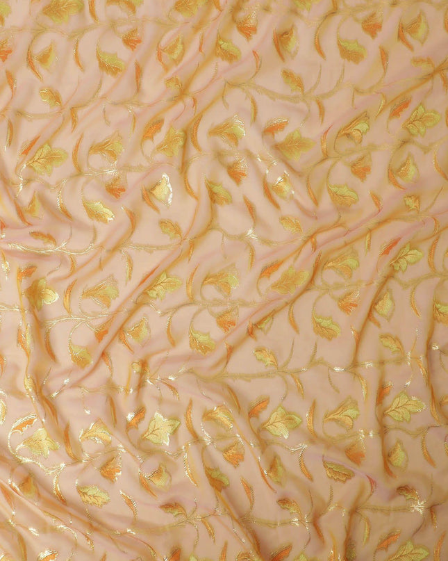قماش شيفون حريري ممتاز بلون الخردل والخوخ مع الخردل والفسكوز الأخضر الليموني مع لوريكس معدني ذهبي بتصميم الأزهار-D13187