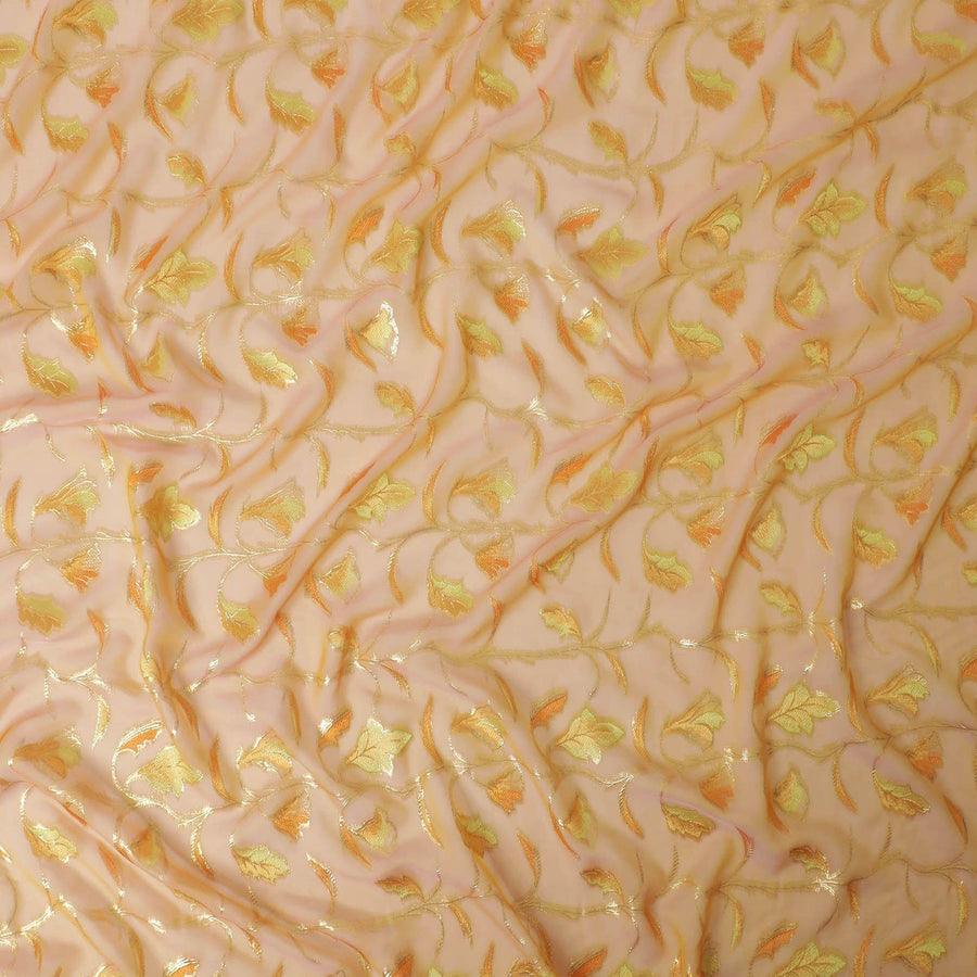 Mustard peach premium pre silk chiffon fabric with mustard, lime green viscose having gold metallic lurex in floral design-D13187