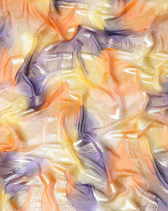 قماش شيفون من الحرير الخالص متعدد الألوان مع لوريكس معدني ذهبي بتصميم تجريدي-D9696