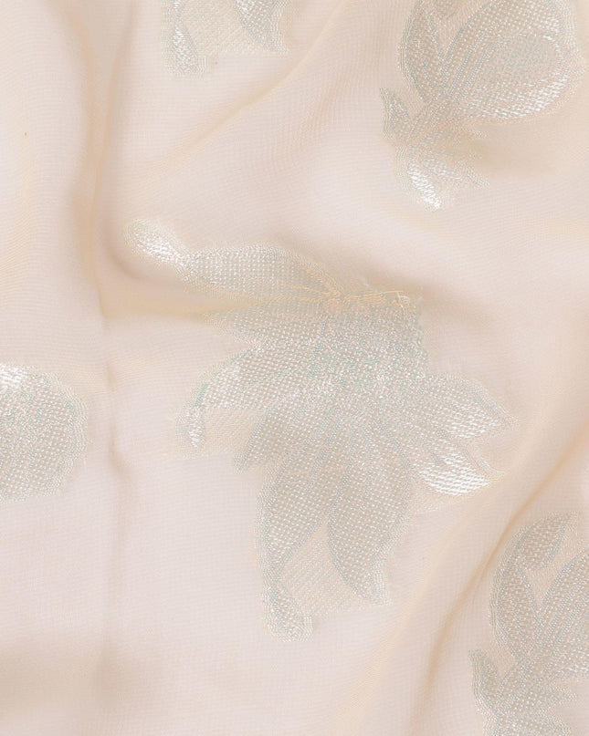 Light peach synthetic chiffon fabric with grey viscose and copper metallic lurex in floral design-D11888
