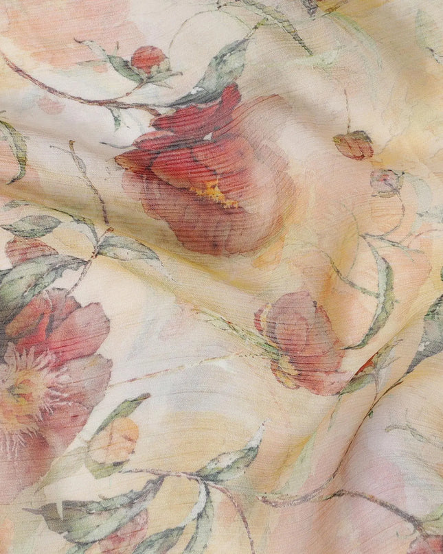 Flax yellow synthetic chiffon fabric with multicolor print in floral design-D13417 Regal Fabrics