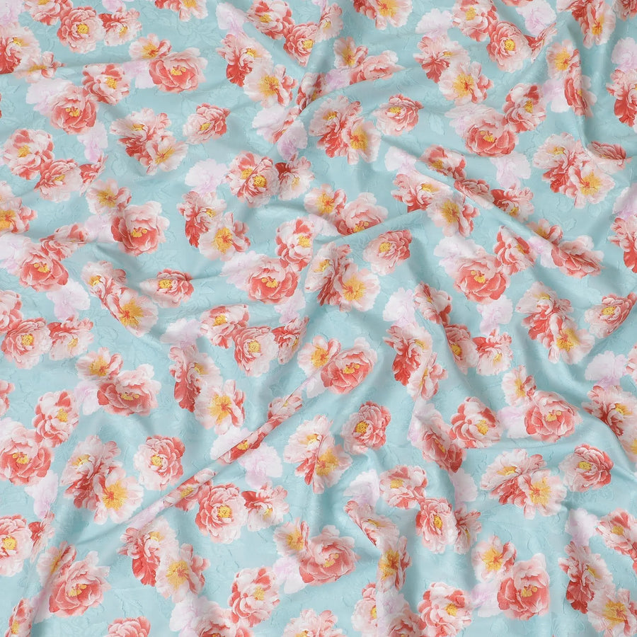 Tiffany blue uragiri cotton voile fabric with same tone jacquard having light pink, salmon peach and mustard yellow print n floral design-D10486 Regal Fabrics
