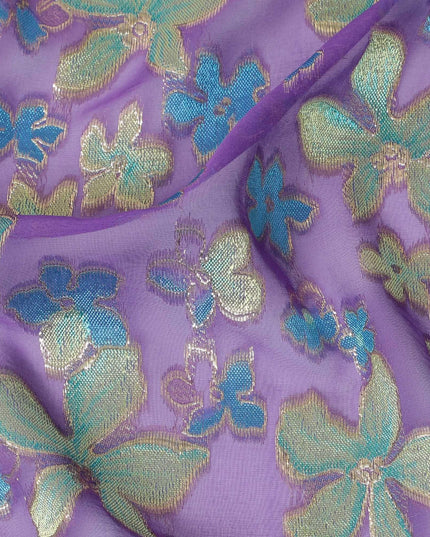 Purple Premium pure changent silk chiffon fabric with sky blue, sage green viscose having gold metallic lurex in floral design-D14648