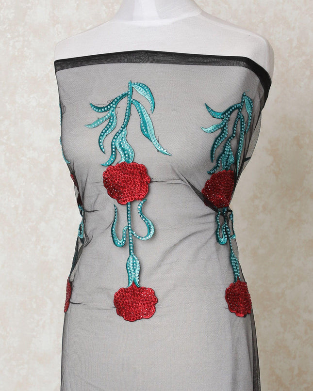 Black nylon tulle fabric with turquoise blue and crimson red embroidery having stone work in floral design-D12004