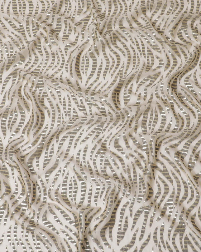 Beige Premium pure French (Fransawi) silk chiffon fabric with black viscose and gold metallic lurex in fancy design-D14310