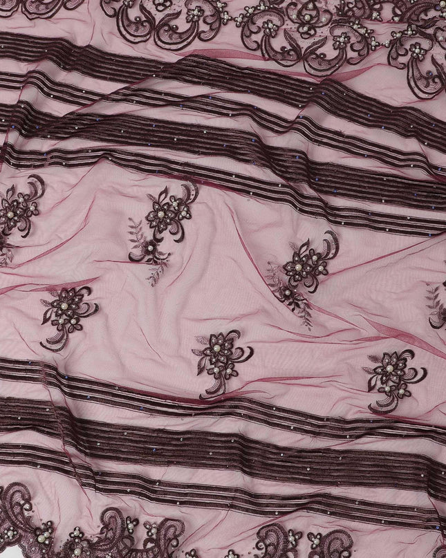 Jam purple nylon tulle fabric with brown, lilac metallic embroidery and pearls & multi color stones in abstract design