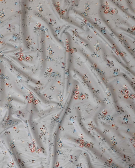 Rhino grey synthetic modal satin fabric with multicolor print in floral design-D9106 Regal Fabrics