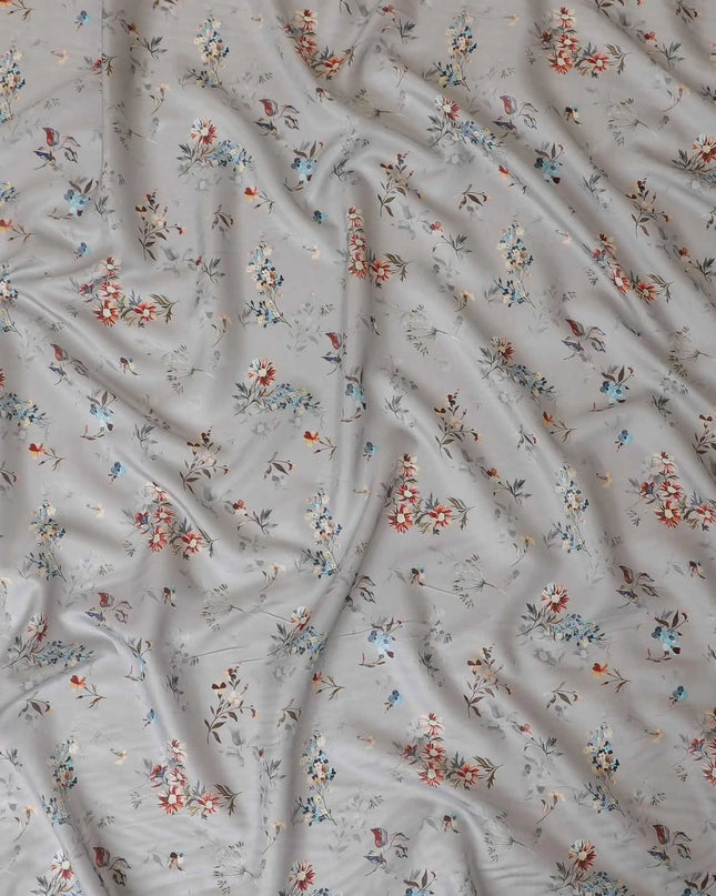 Rhino grey synthetic modal satin fabric with multicolor print in floral design-D9106 Regal Fabrics