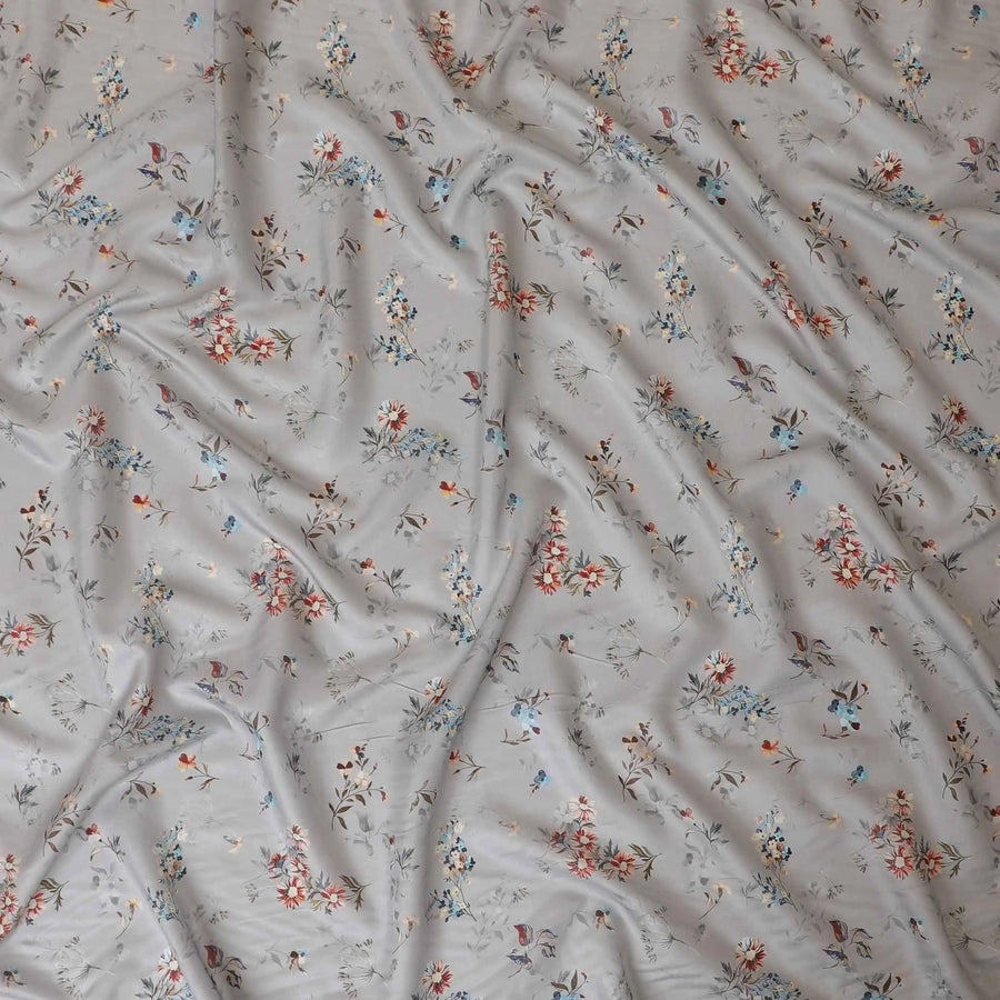Rhino grey synthetic modal satin fabric with multicolor print in floral design-D9106 Regal Fabrics