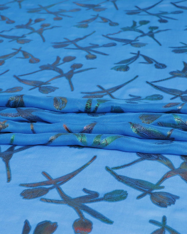 قماش شيفون حريري نقي فاخر باللون الأزرق الملكي مع لوركس معدني متعدد الألوان بتصميم زهور -D9664